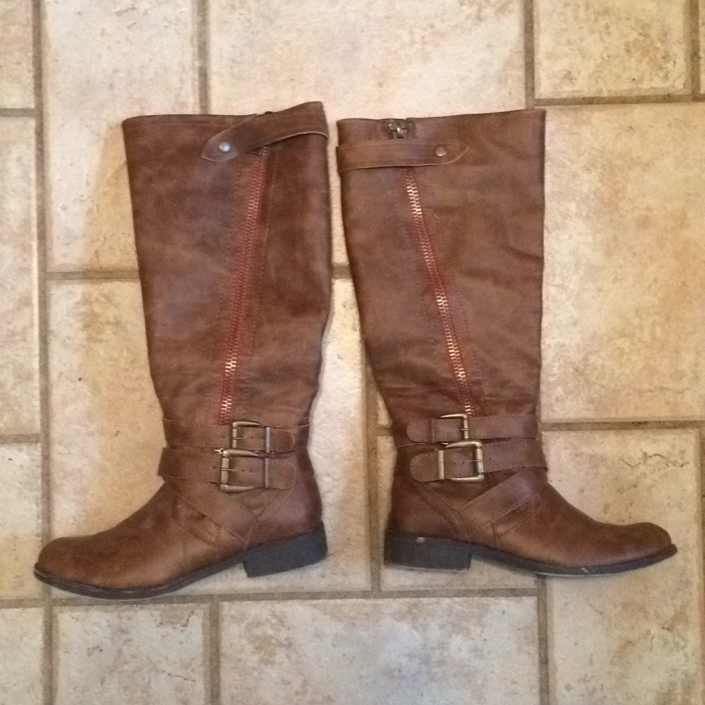 Tall faux leather brown boots